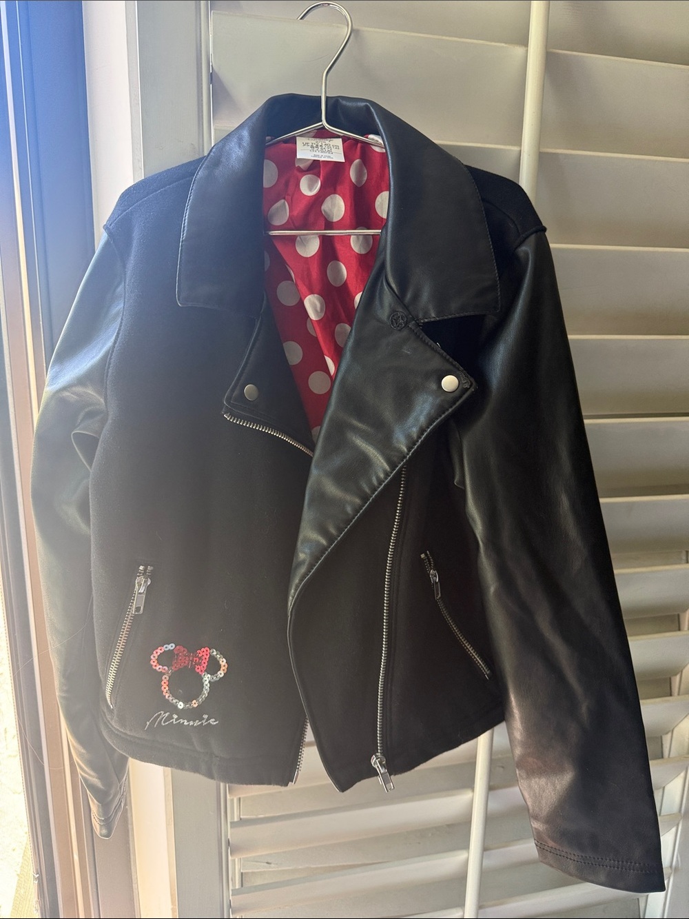 Disney Minnie Black Faux Leather & stretch Moto Jacket with Red Polka Dot Lining
